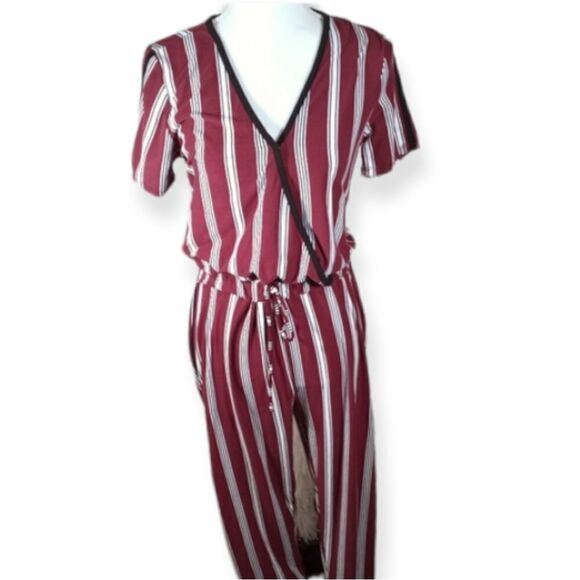 DEREK HEART BURGUNDY WHITE STRIPE JUMPSUIT SZ.M EUC - Picture 1 of 6